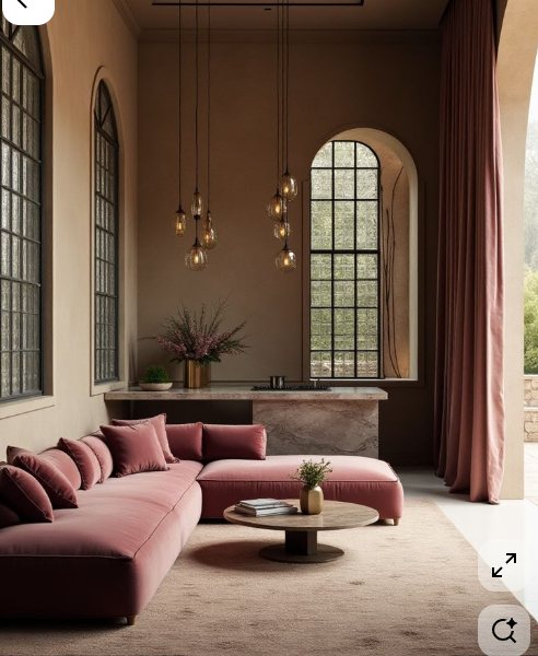 Inspiration photo: a living room with a pink velvet sofa