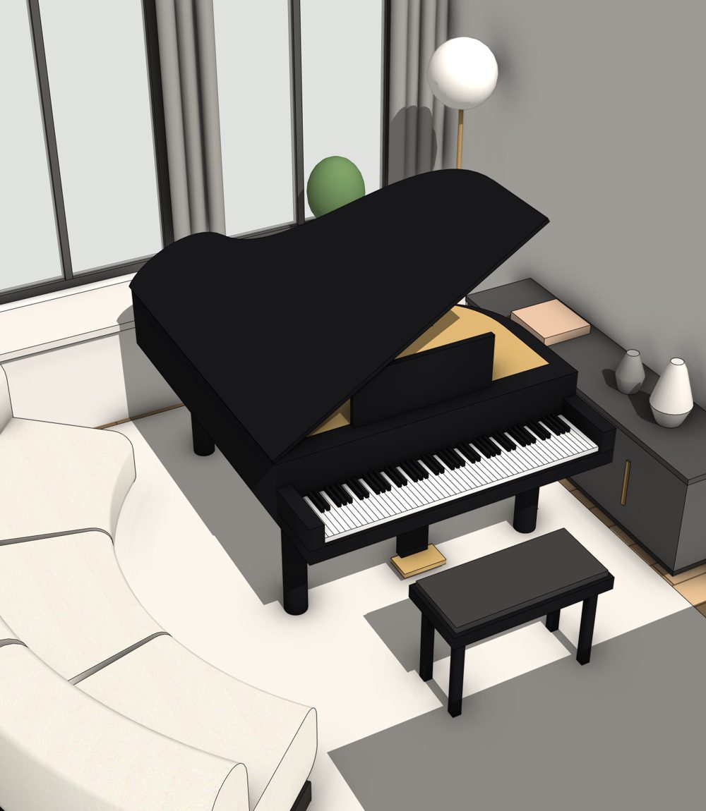 The room with a grand piano by the window